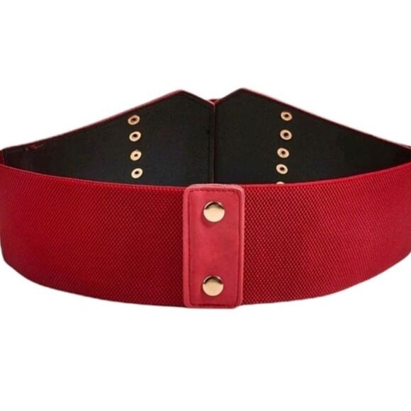 Red Wide Elastic Corset Belt Triple Buckle Detail Western Gold Accents Cincher - Picture 4 of 6